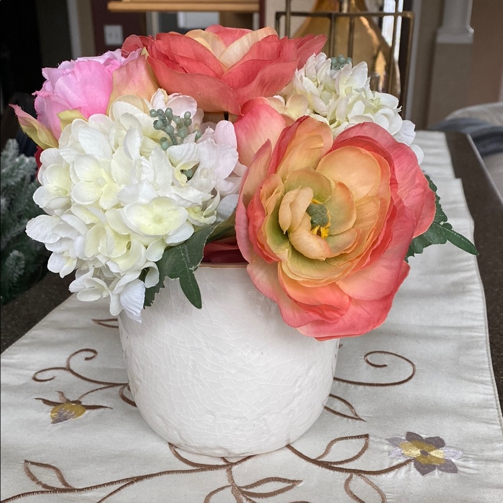 Floral Arrangement Faux Flowers and Ceramic Vase
